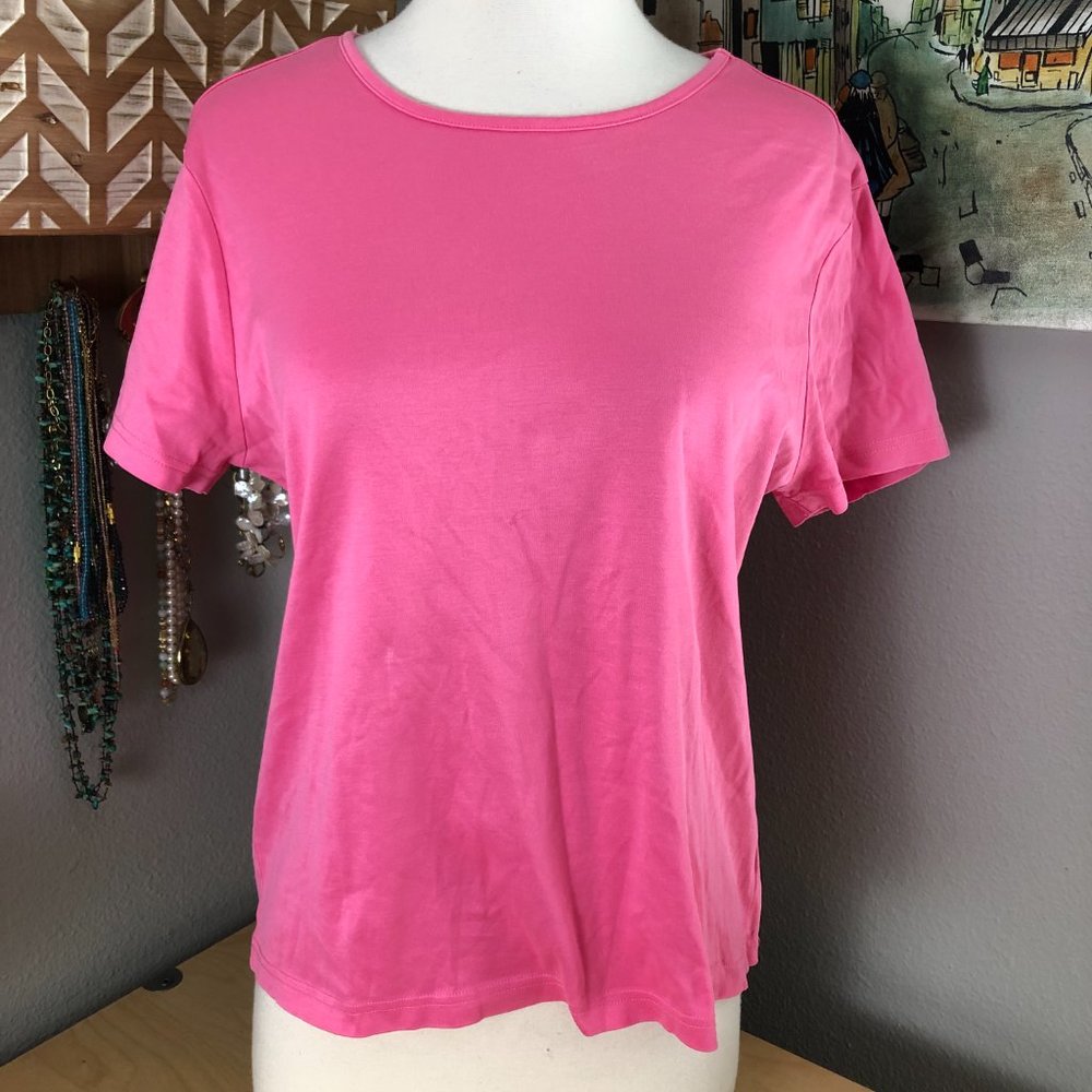 SAKS FIFTH AVENUE Luxury T Shirt Womens L Bubblegum Pink Crew Neck Coastal Chic